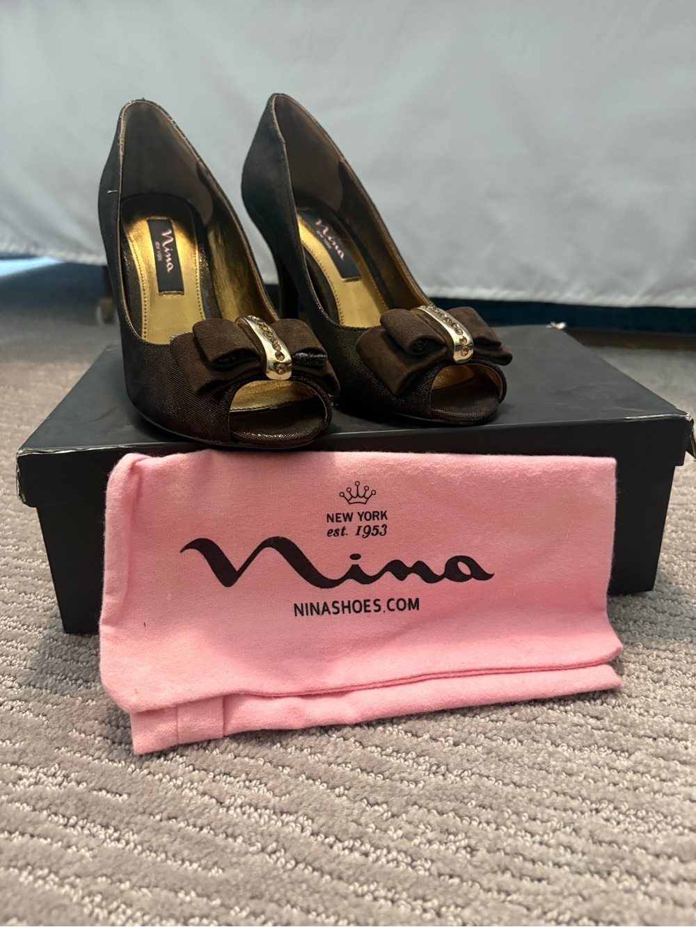 Nina Brown Open-Toe Bow Heel with Gold Accent